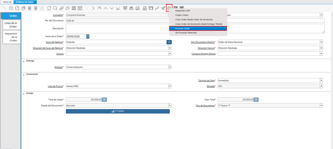 opción procesar orden en el icono proceso