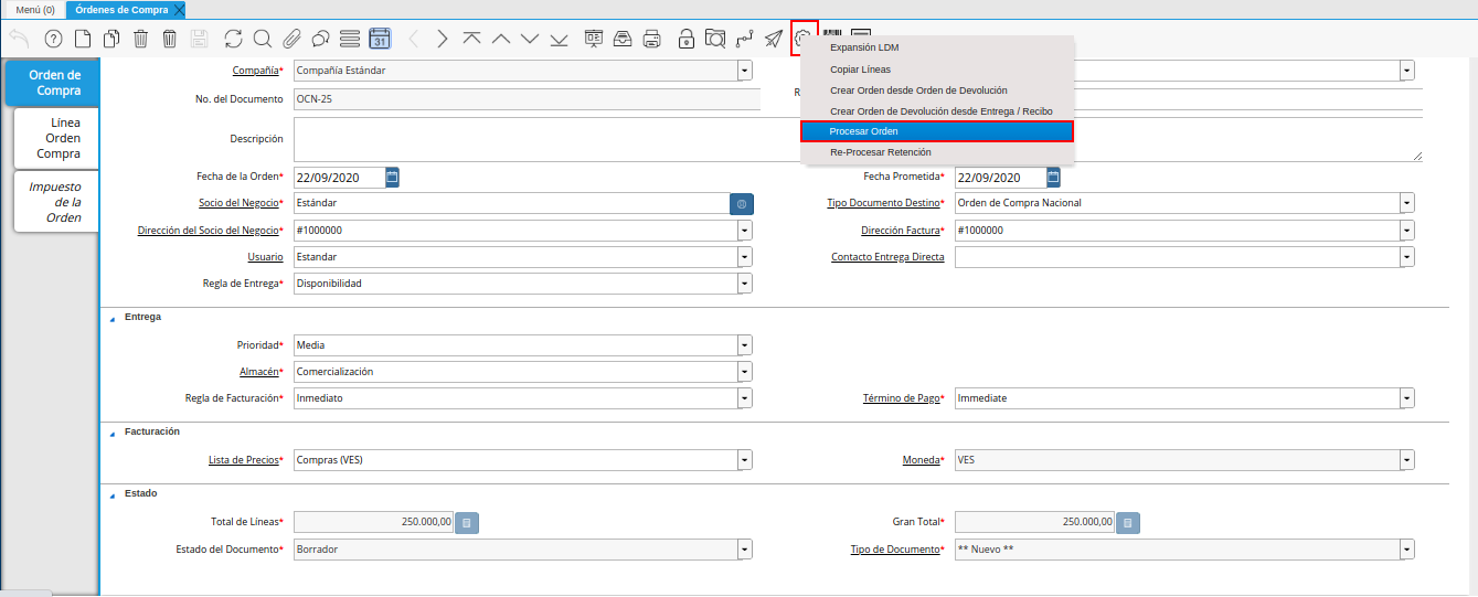opción procesar orden en el icono proceso