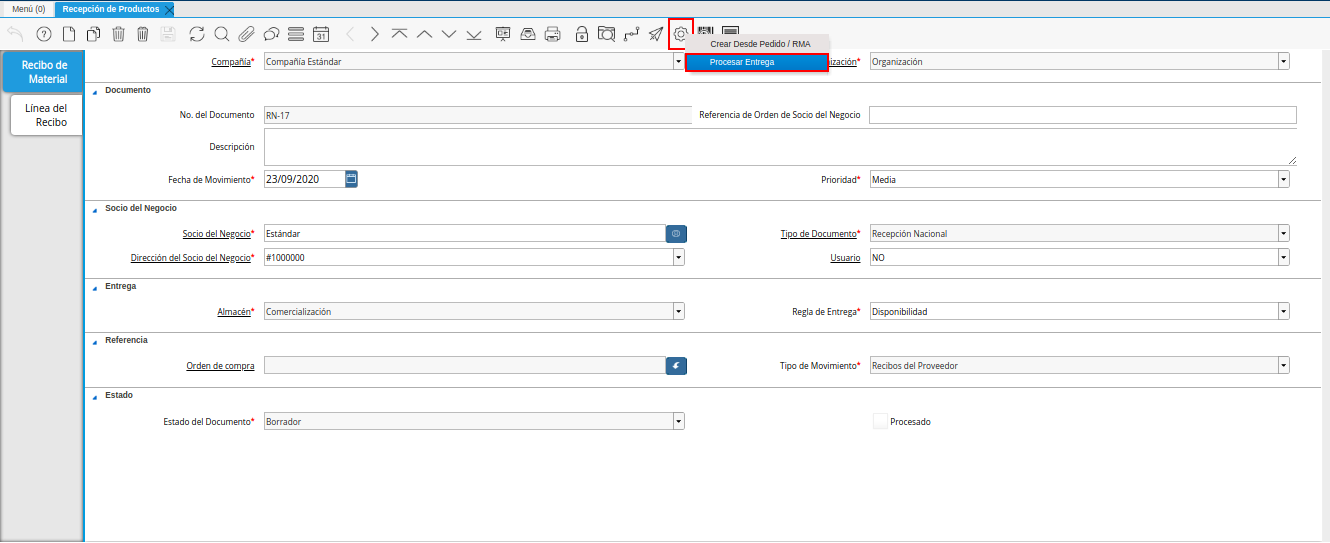 opción procesar recepción en el icono proceso desde factura