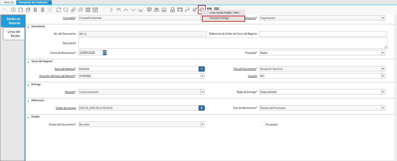 opción procesar recepción en el icono proceso