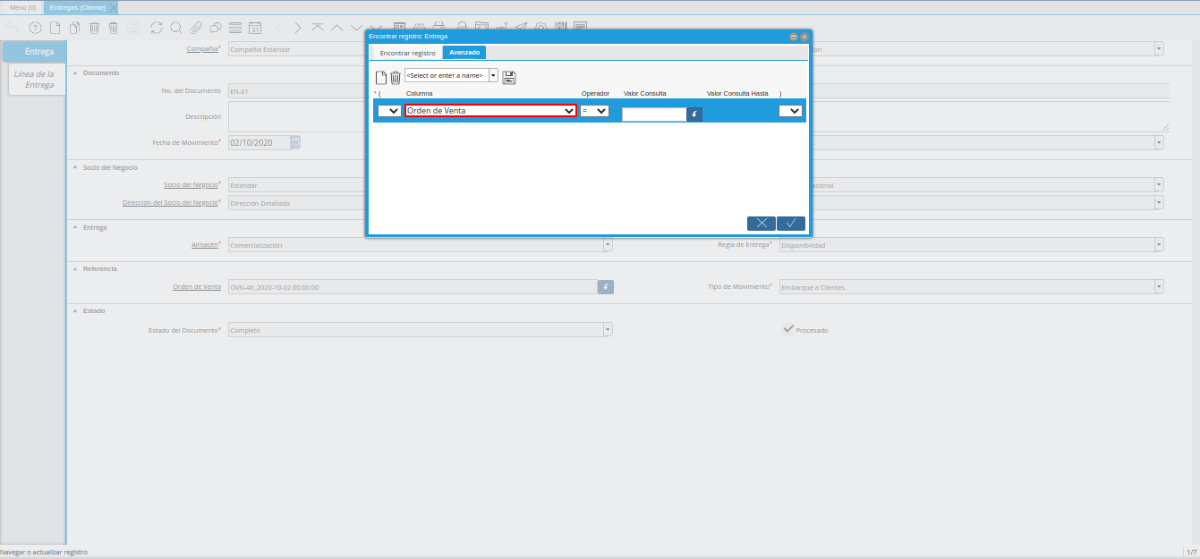 Opción Orden de Venta de la Ventana Encontrar Registro Entrega