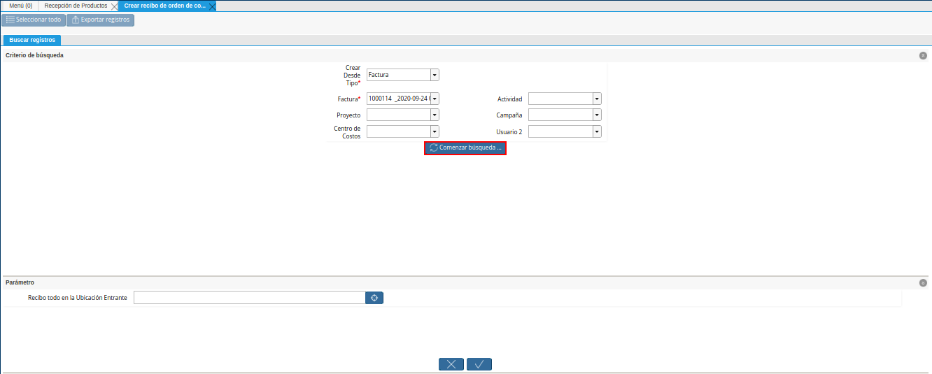 opcion comenzar busqueda de factura de la ventana crear recibo de orden de compra o rma