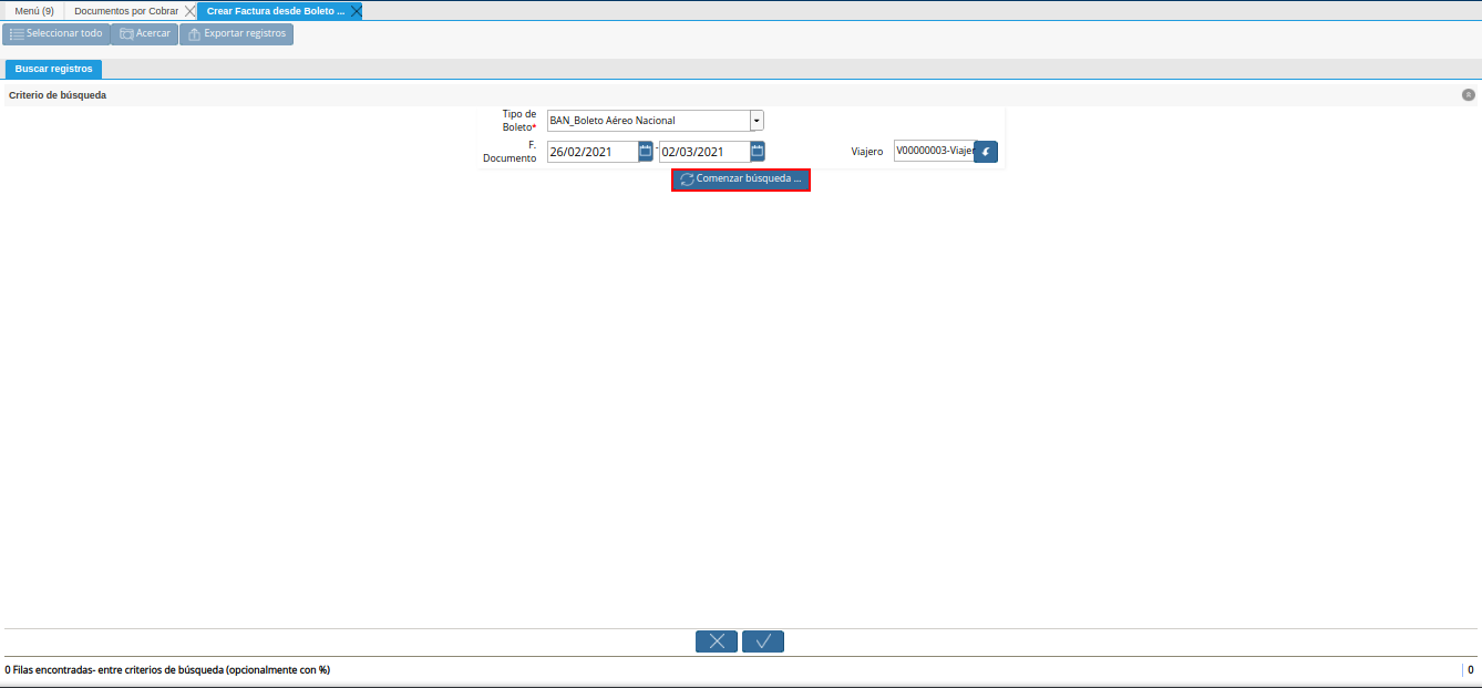 opción comenzar búsqueda del proceso crear factura desde boleto