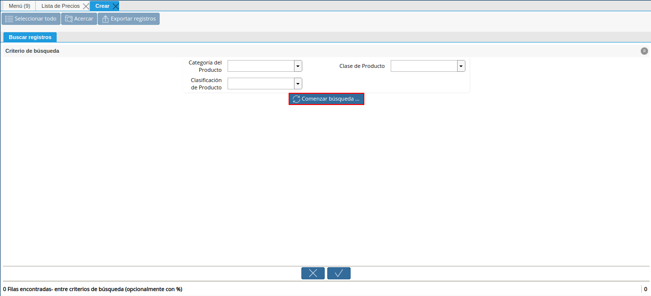 opción comenzar búsqueda