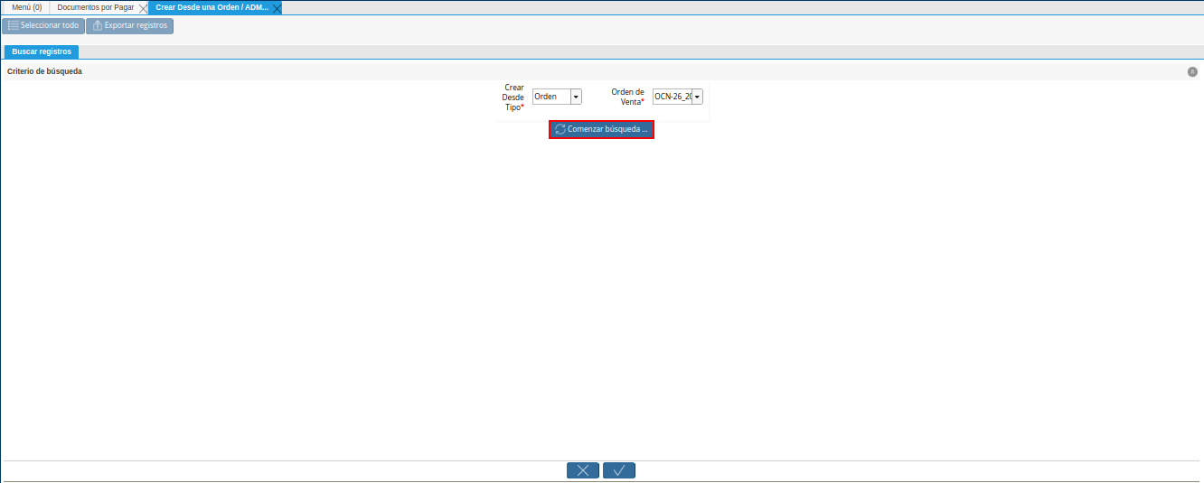 opcion comenzar busqueda de orden de la ventana crear desde