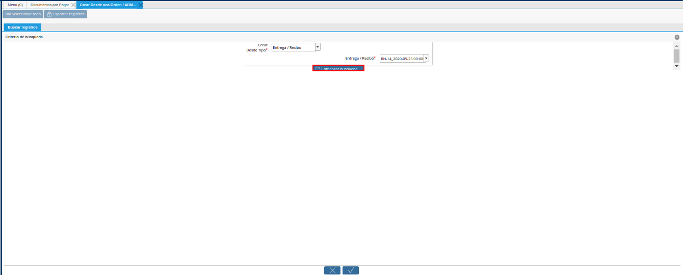 opcion comenzar busqueda de la ventana crear desde