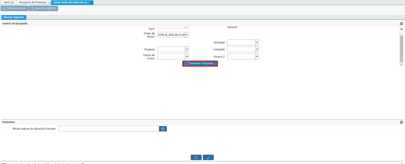 opcion comenzar busqueda de la ventana crear recibo de orden de compra o rma