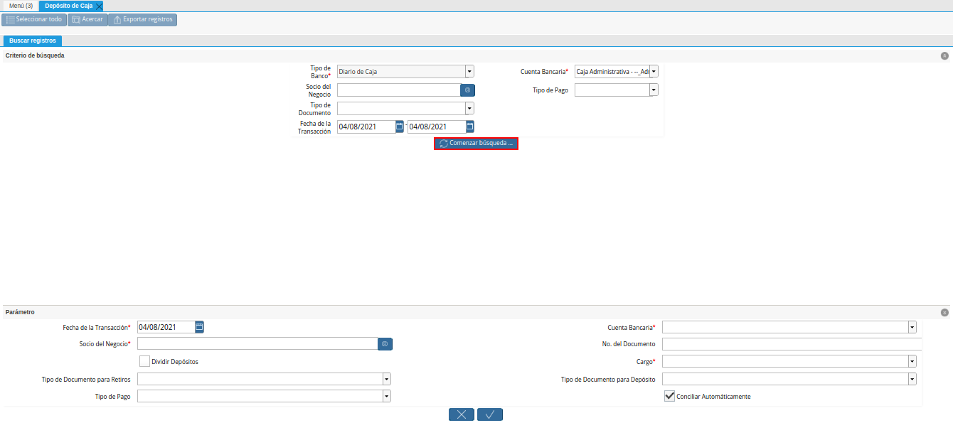 opcion comenzar busqueda de la ventana deposito a caja
