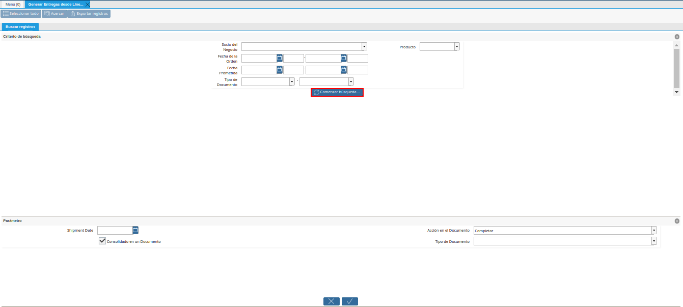 Opción Comenzar Búsqueda de la Ventana Generar Entrega desde Líneas de la Orden