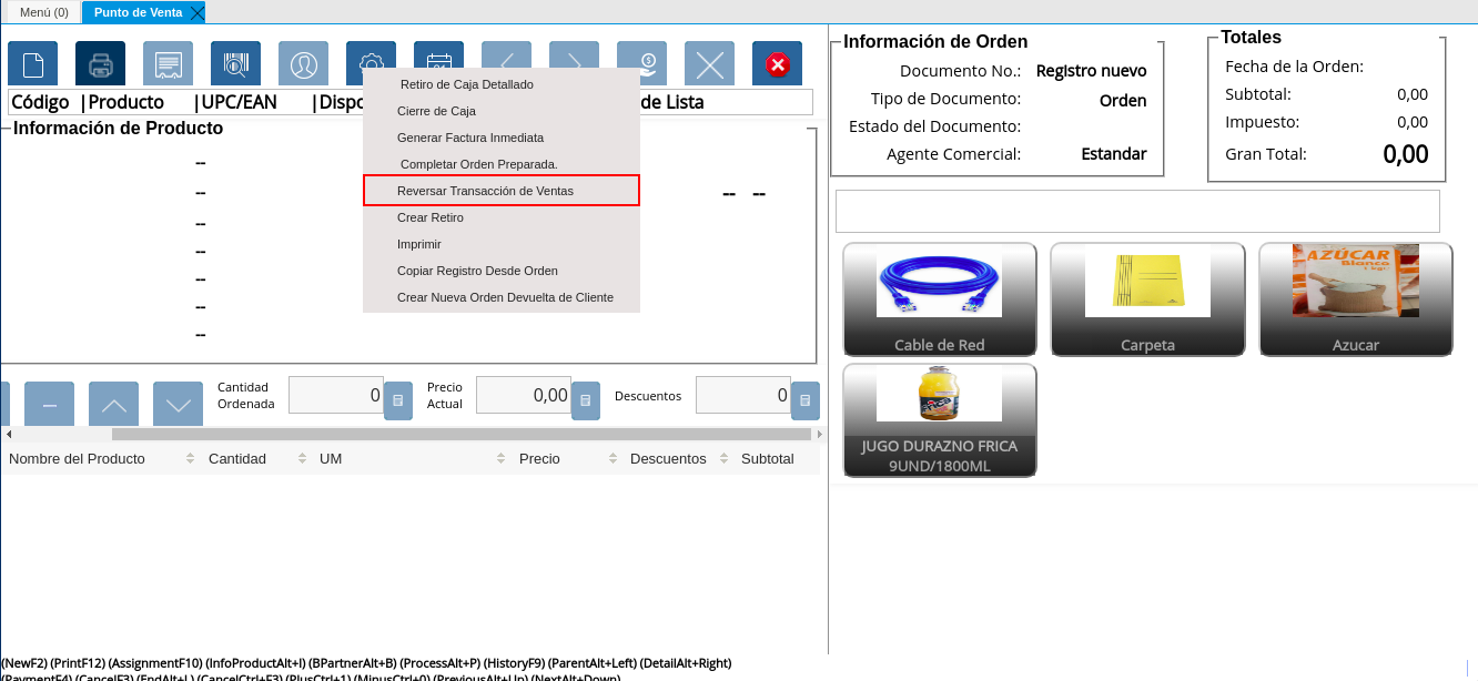 Opción Reversar Transacción de Venta del Icono Proceso de la Barra de Herramientas del Punto de Venta