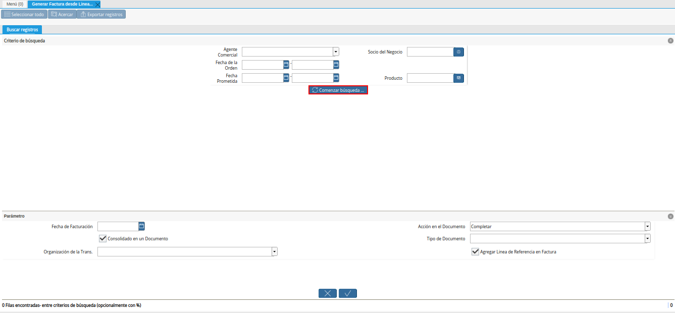 Opción Comenzar Búsqueda de la Ventana Generar Factura desde Líneas de la Orden