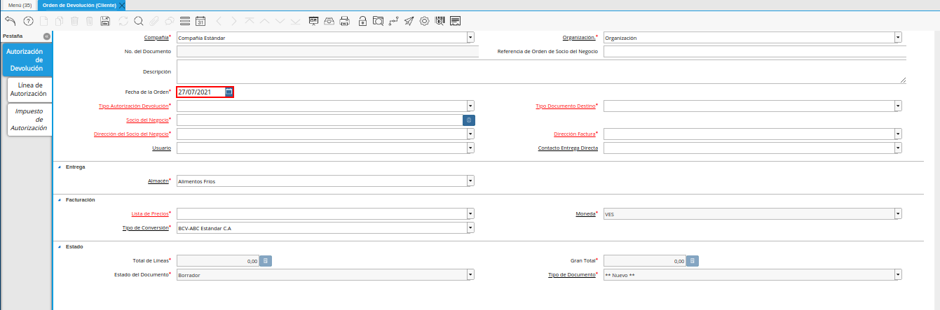 campo fecha de la orden de la ventana orden de devolución cliente