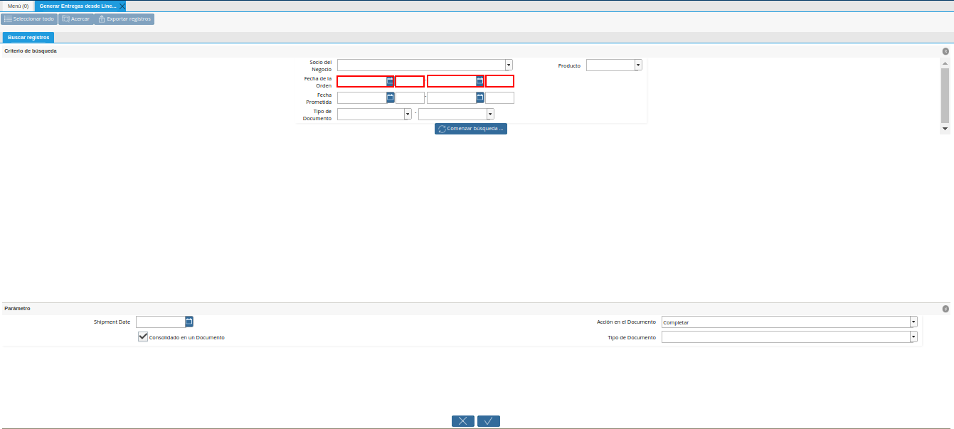 Campo Fecha de la Orden de la Ventana Generar Entrega desde Líneas de la Orden