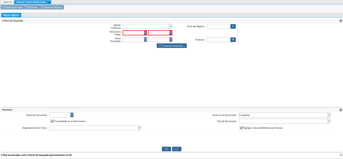 Campo Fecha de la Orden de la Ventana Generar Factura desde Líneas de la Orden