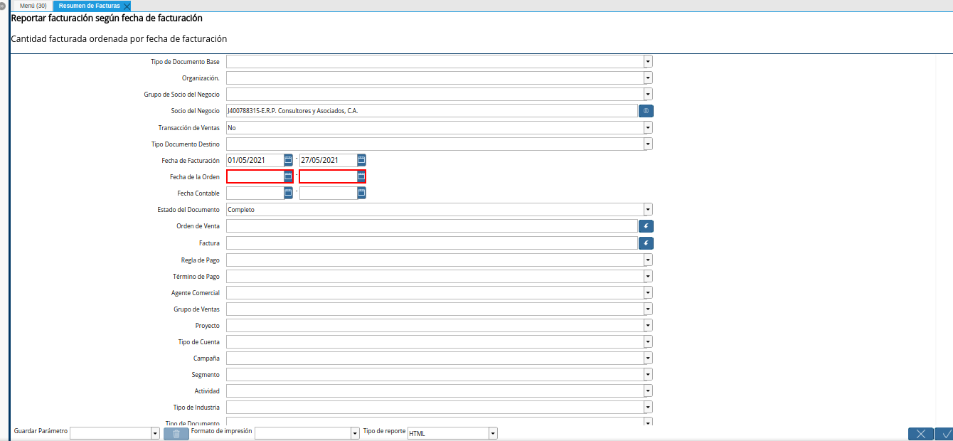 campo fecha de la orden del reporte resumen de facturas