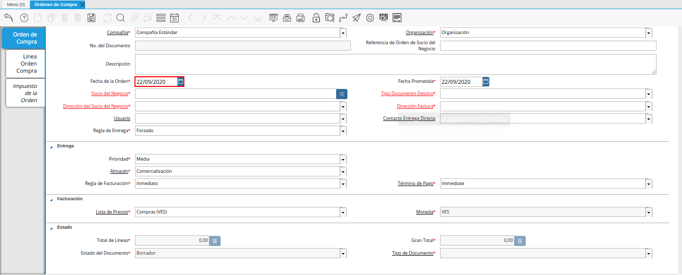 campo fecha de la orden de la ventana órdenes de compra