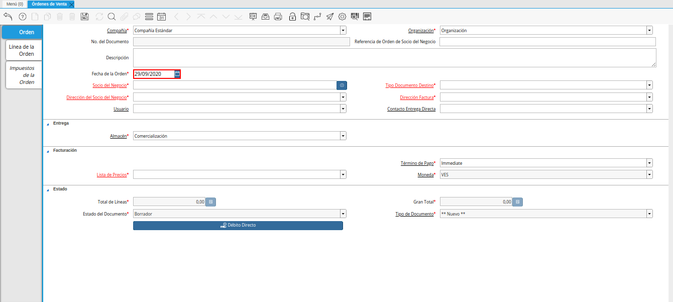 campo fecha de la orden de la ventana órdenes de venta