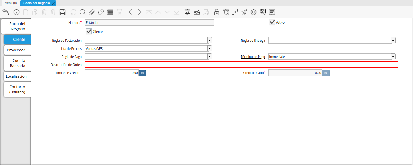 Campo Descripción de Orden de la Pestaña Cliente