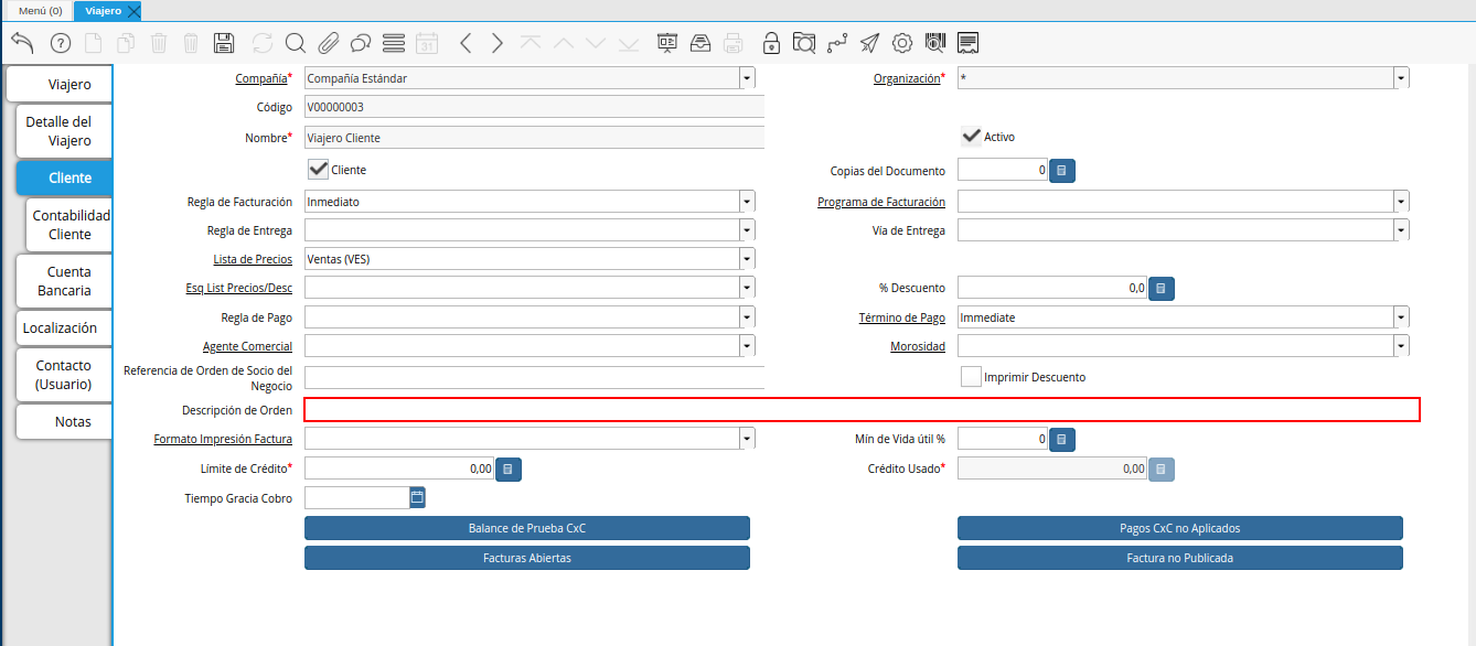campo descripción de orden de la pestaña cliente