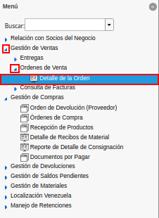 menú del reporte detalle de la orden