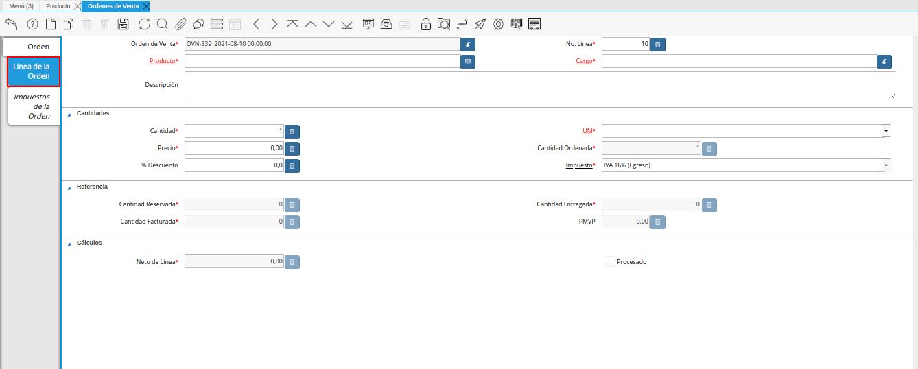 pestaña línea de la orden de la ventana órdenes de venta
