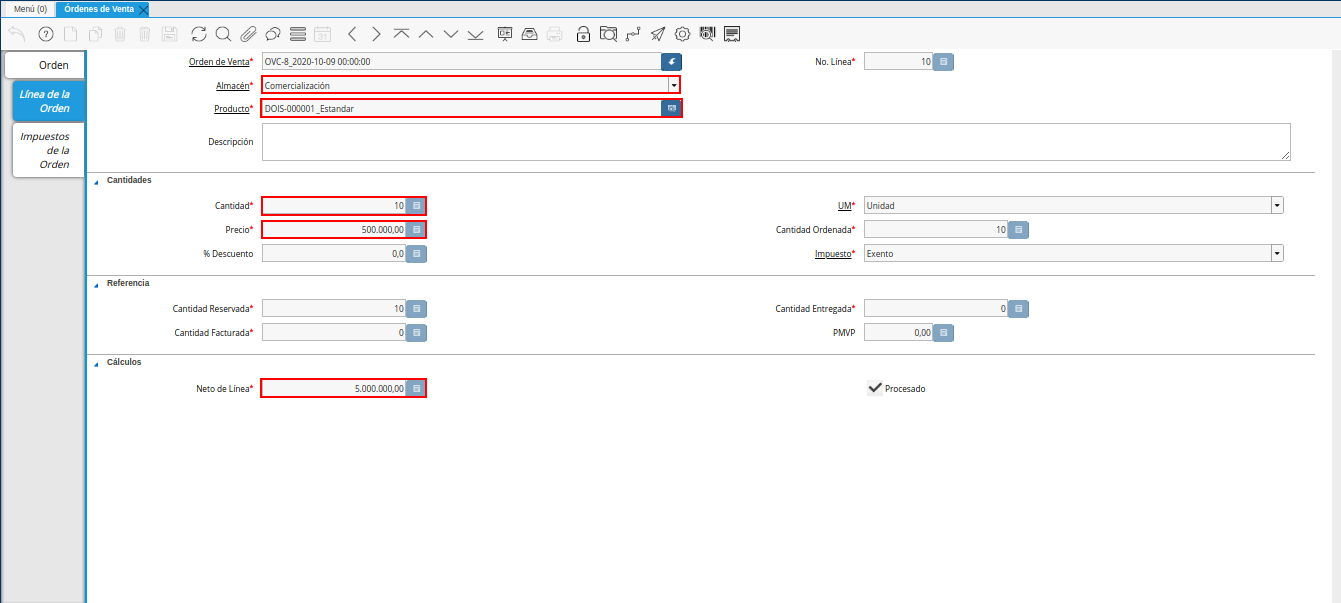 pestaña línea de la orden