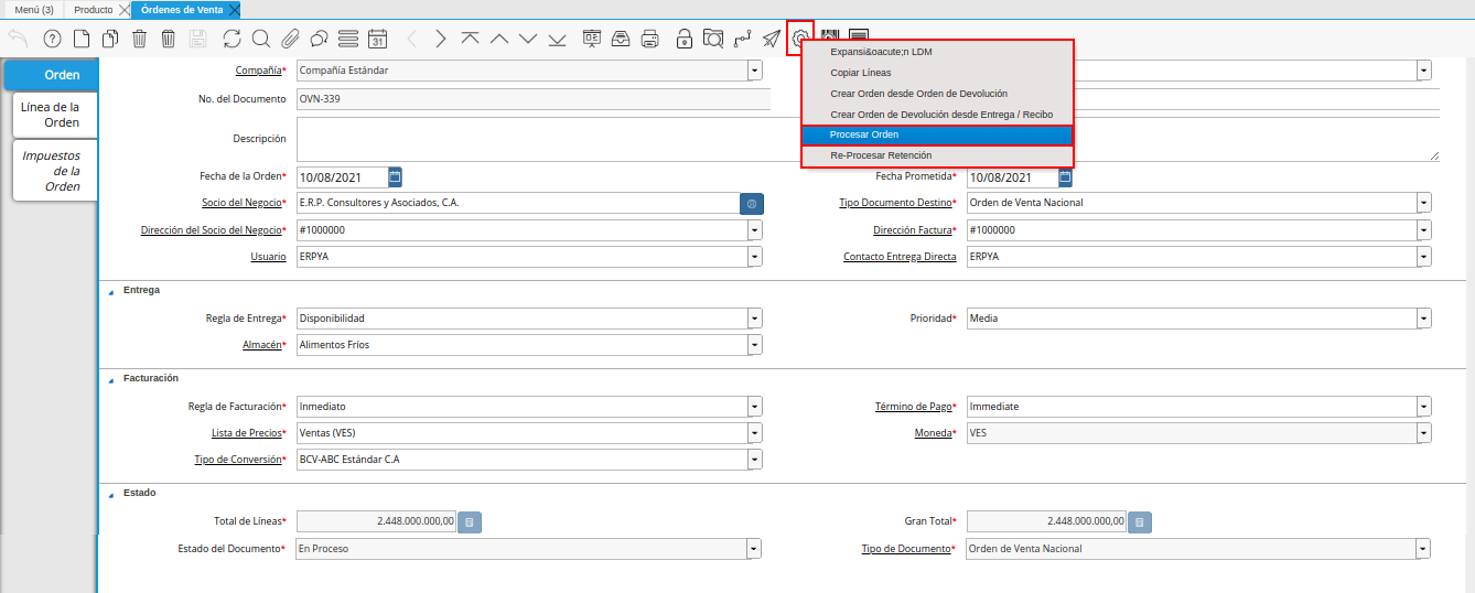 pestaña principal orden y opción procesar orden del icono proceso completar