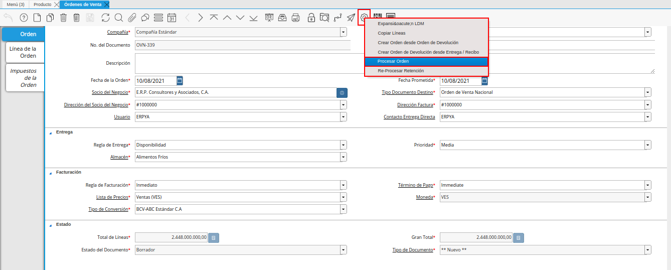 pestaña principal orden y opción procesar orden del icono proceso