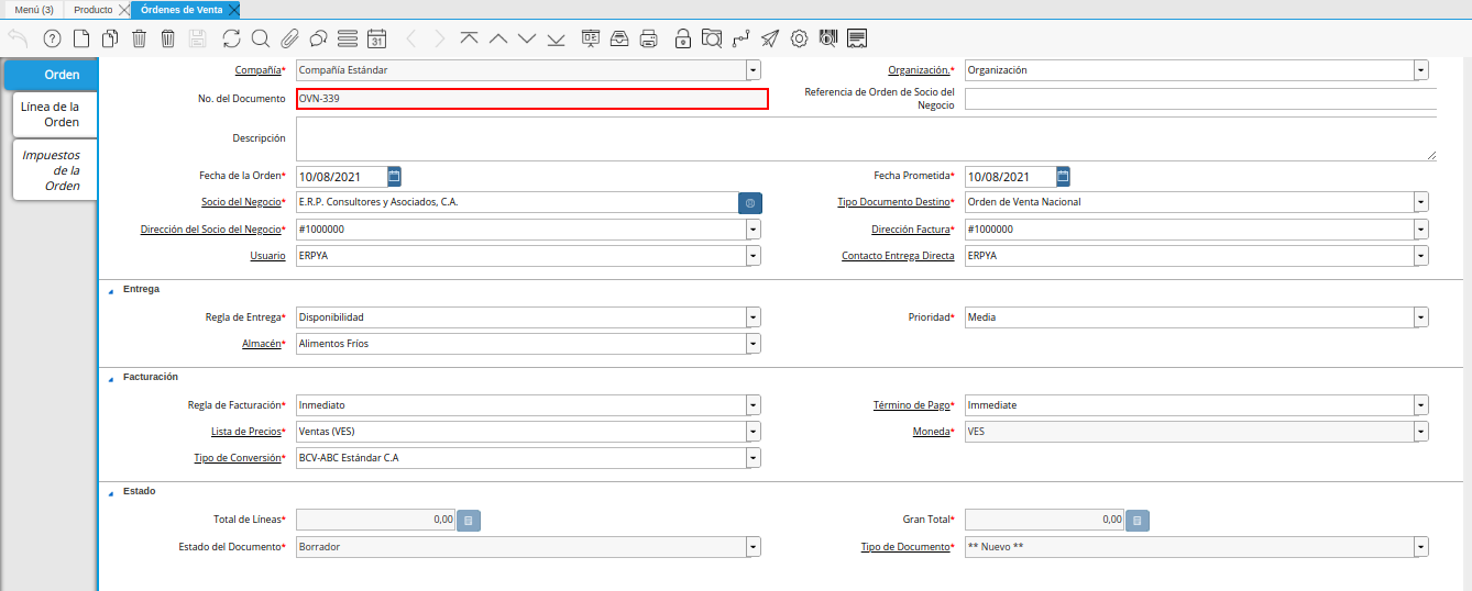 registro de pestaña orden de la ventana órdenes de venta