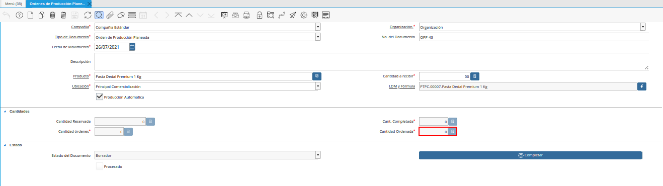 Campo Cantidad Ordenada de la Ventana Órdenes de Producción Planeadas