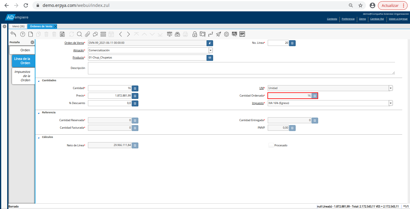 campo cantidad ordenada de la orden de venta no fiscal