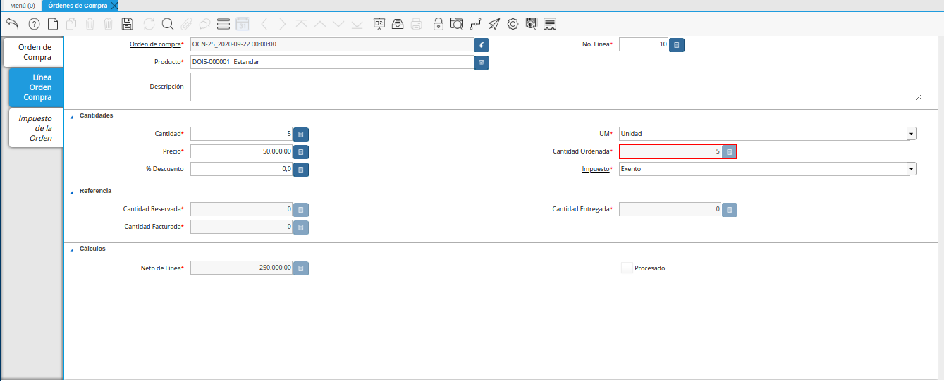 campo cantidad ordenada de la ventana órdenes de compra
