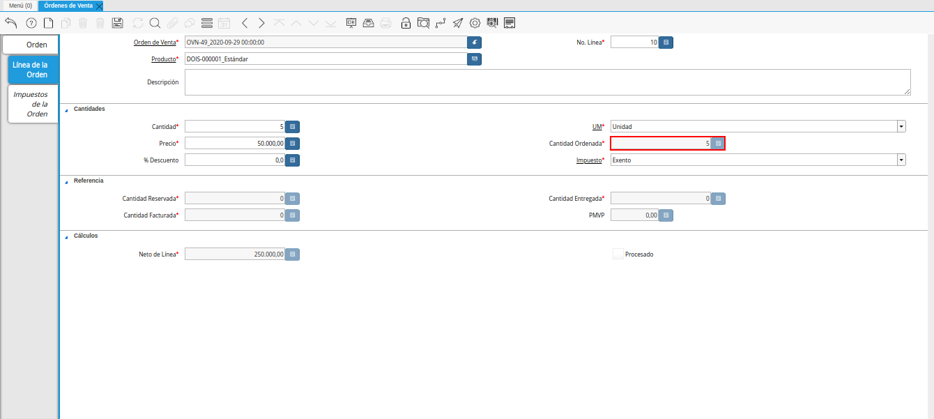 campo cantidad ordenada de la ventana órdenes de venta