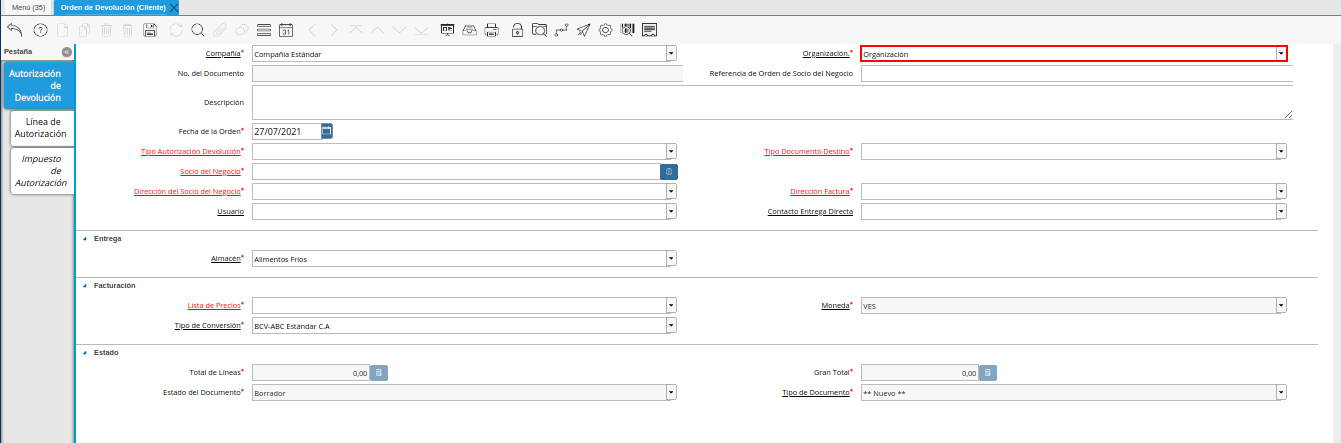 campo organización de la ventana orden de devolución cliente