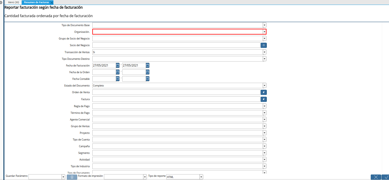 campo organización del reporte resumen de facturas