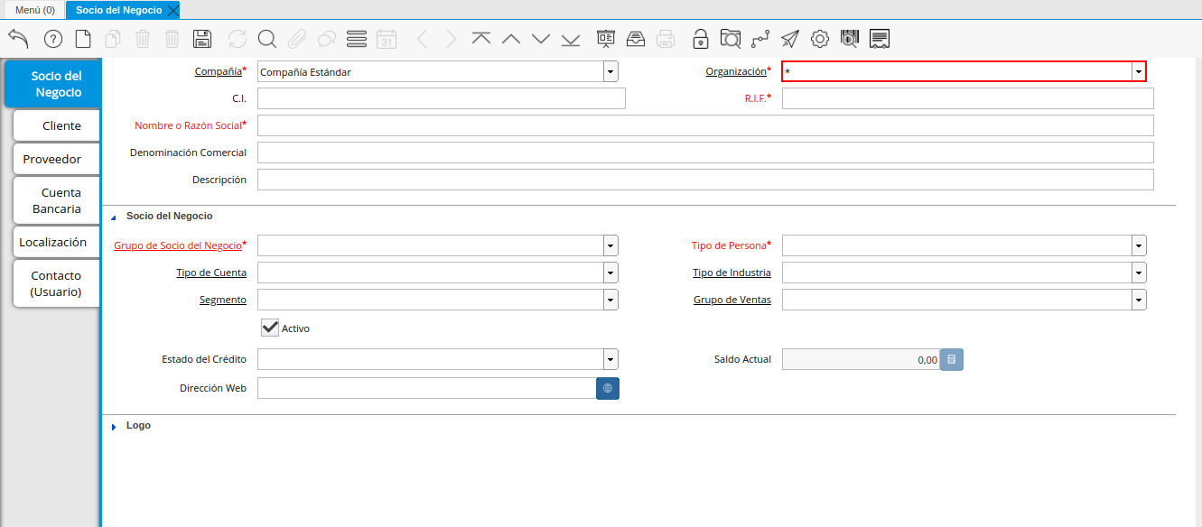 Campo Organización de la Pestaña Principal Socio del Negocio
