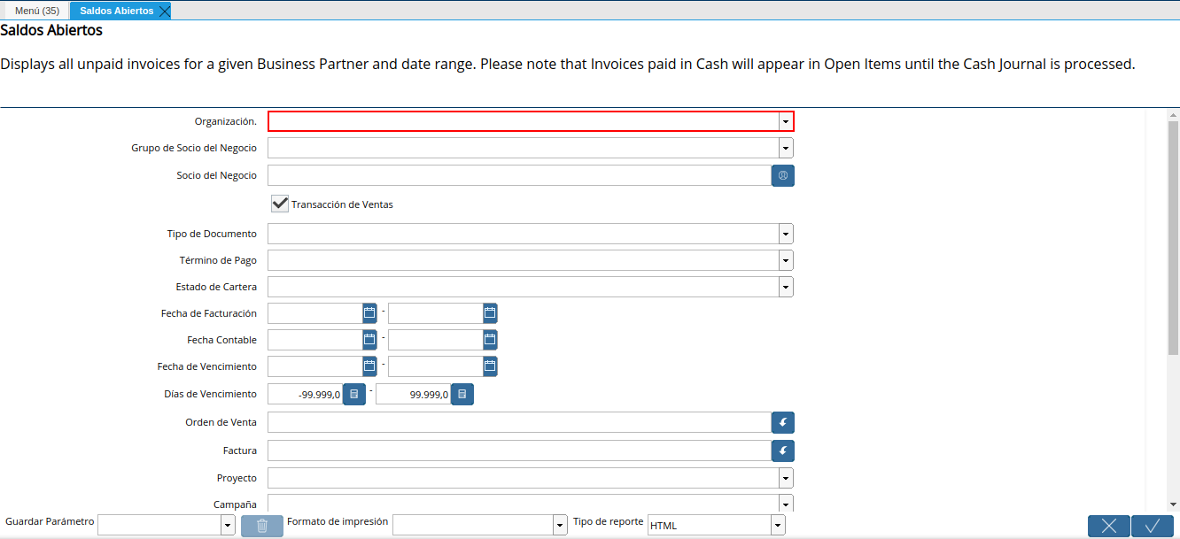 campo organización del reporte de saldos abiertos