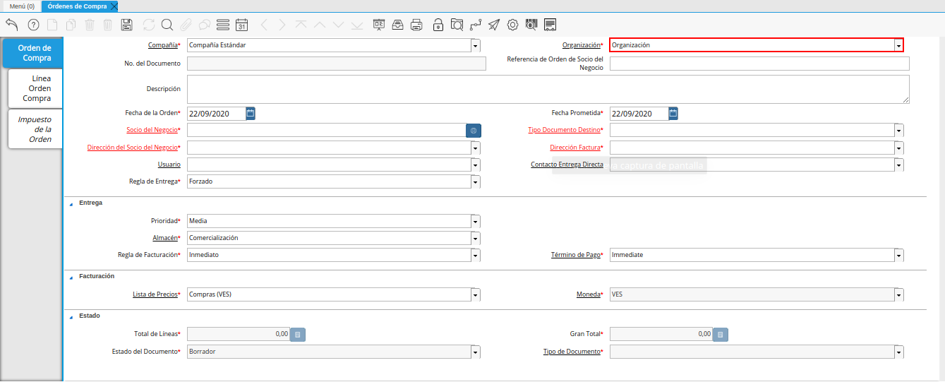 campo organización de la ventana órdenes de compra