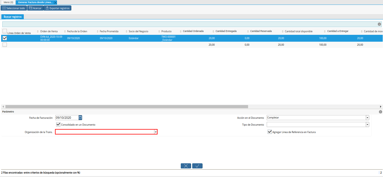 Campo Organización de la Trans de la Ventana Generar Factura desde Líneas de la Orden