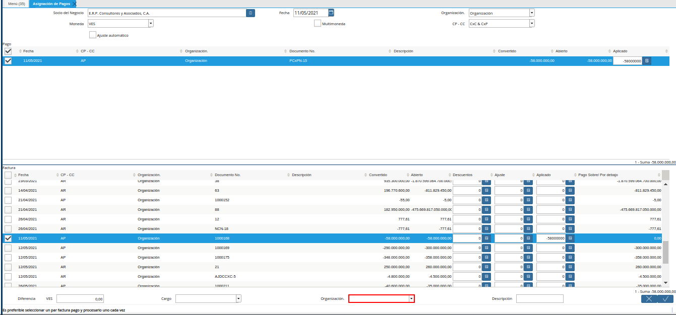 campo organización para generar de la ventana asignación de pagos