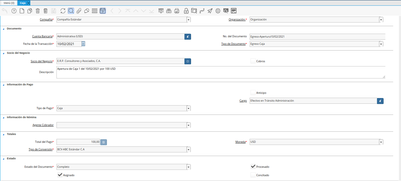 Egreso Generado de la Transferencia Bancaria de Apertura de Caja