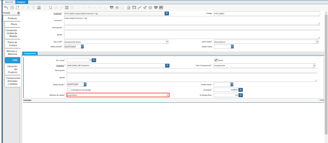 Campo Método de Salida de la Pestaña ldm del Producto Estándar para Producción