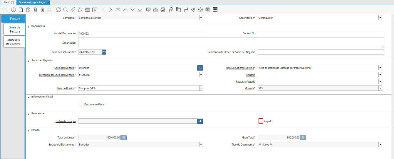 checklist pagado de la ventana documentos por pagar débito