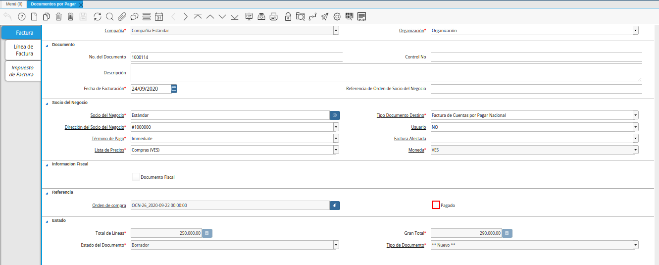 checklist pagado de la ventana documentos por pagar