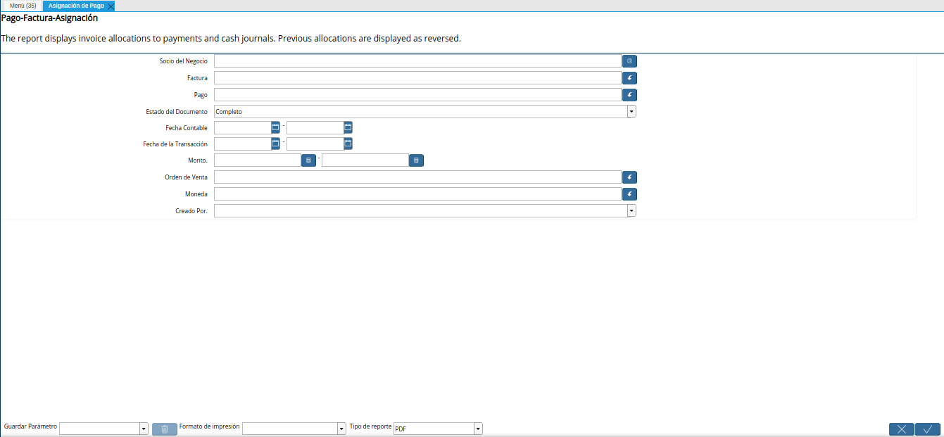 ventana del reporte asignación de pago