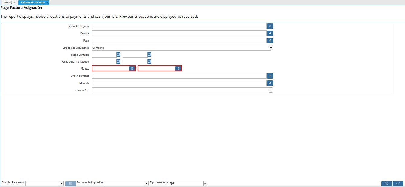 campo monto del reporte asignación de pago