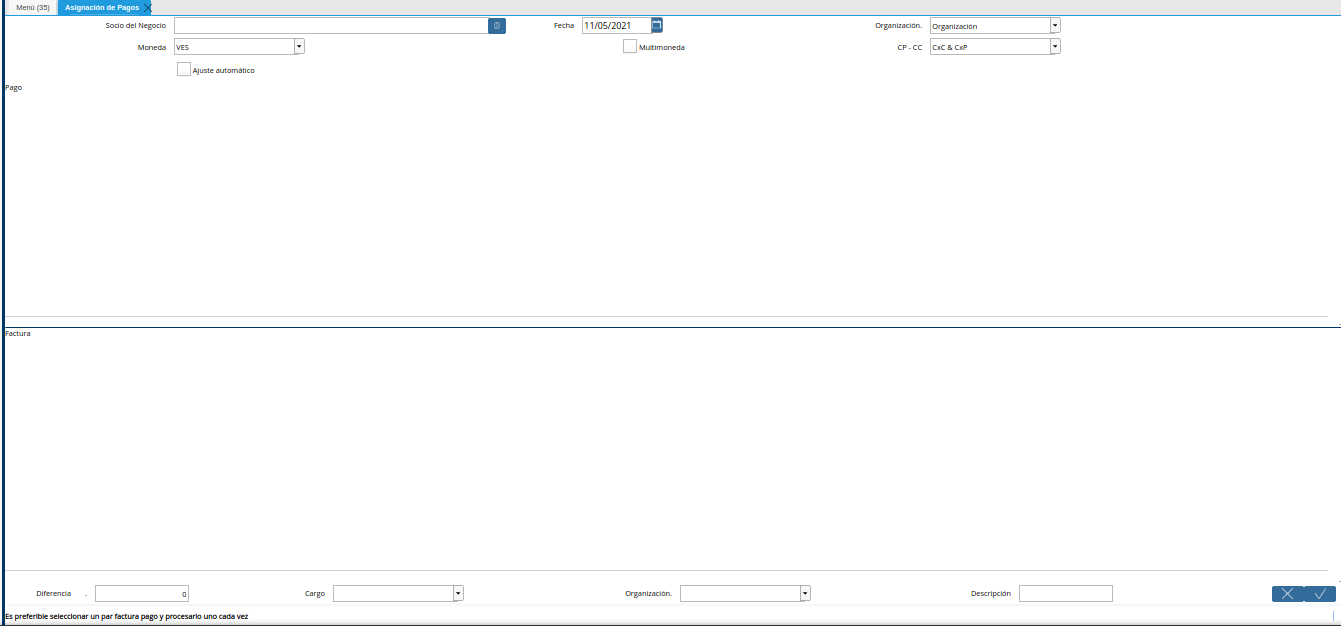 ventana asignación de pagos
