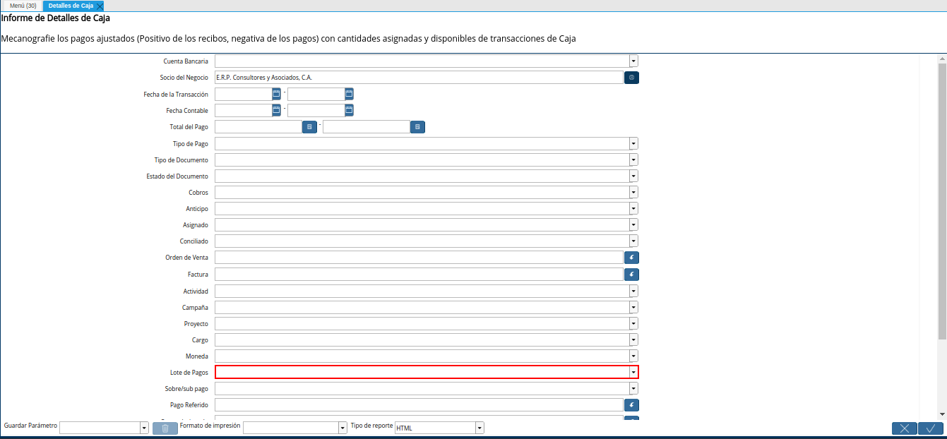 campo lote de pago del reporte detalle de caja