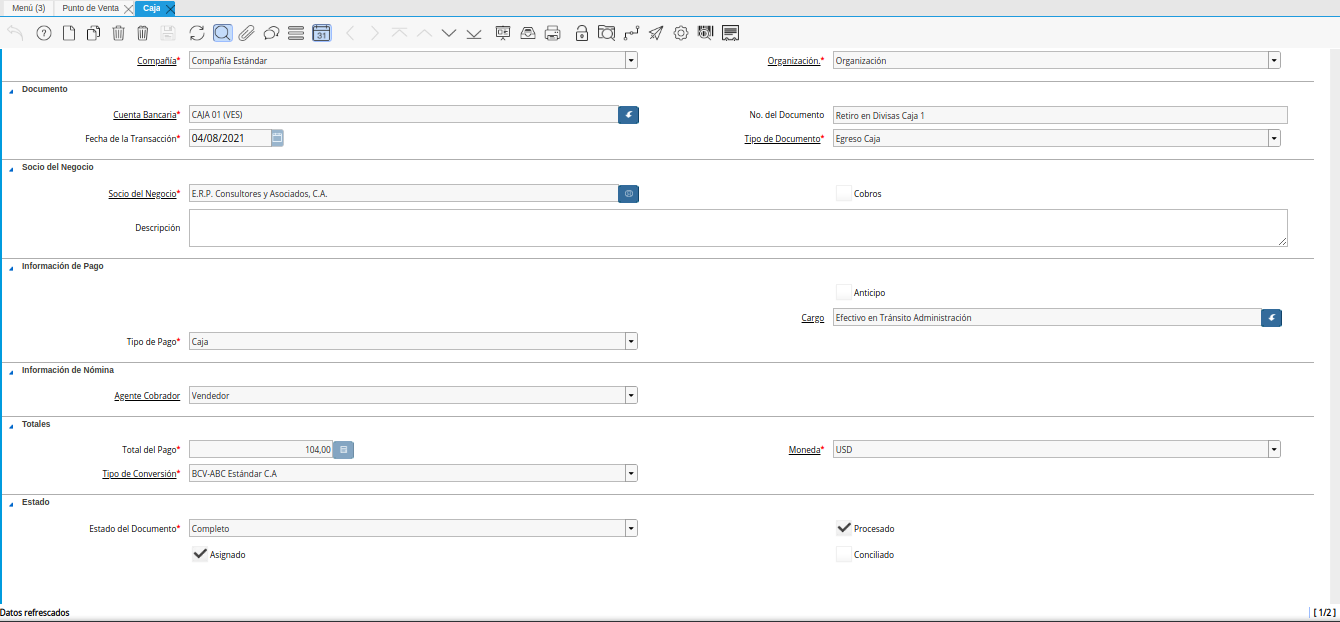 Pago Creado desde la Ventana Retiros de Puntos de Venta