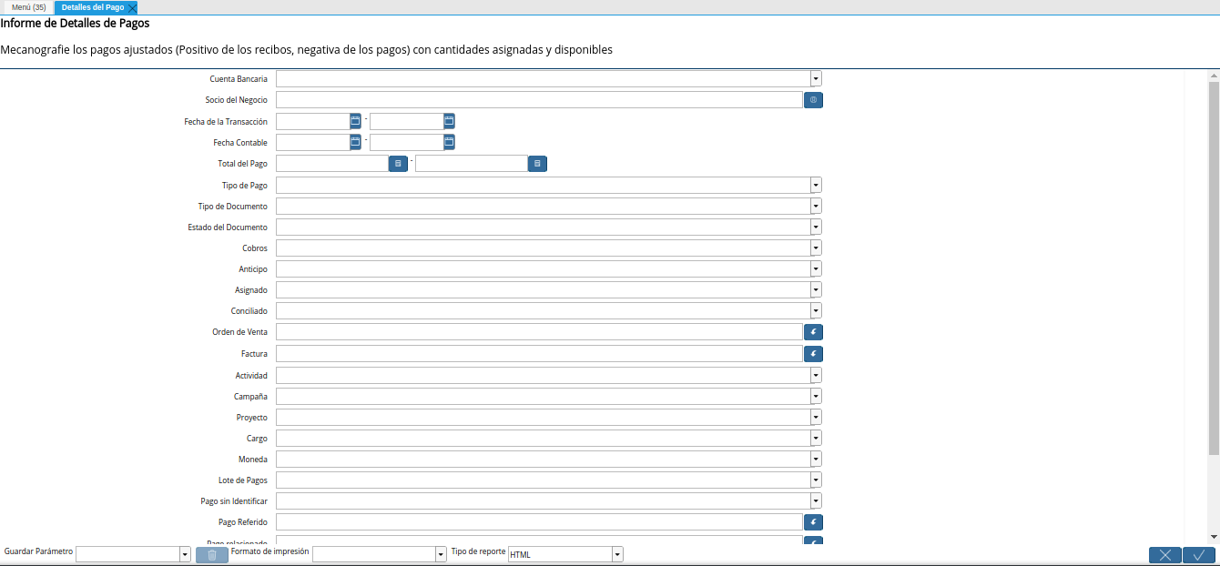ventana del reporte detalles del pago